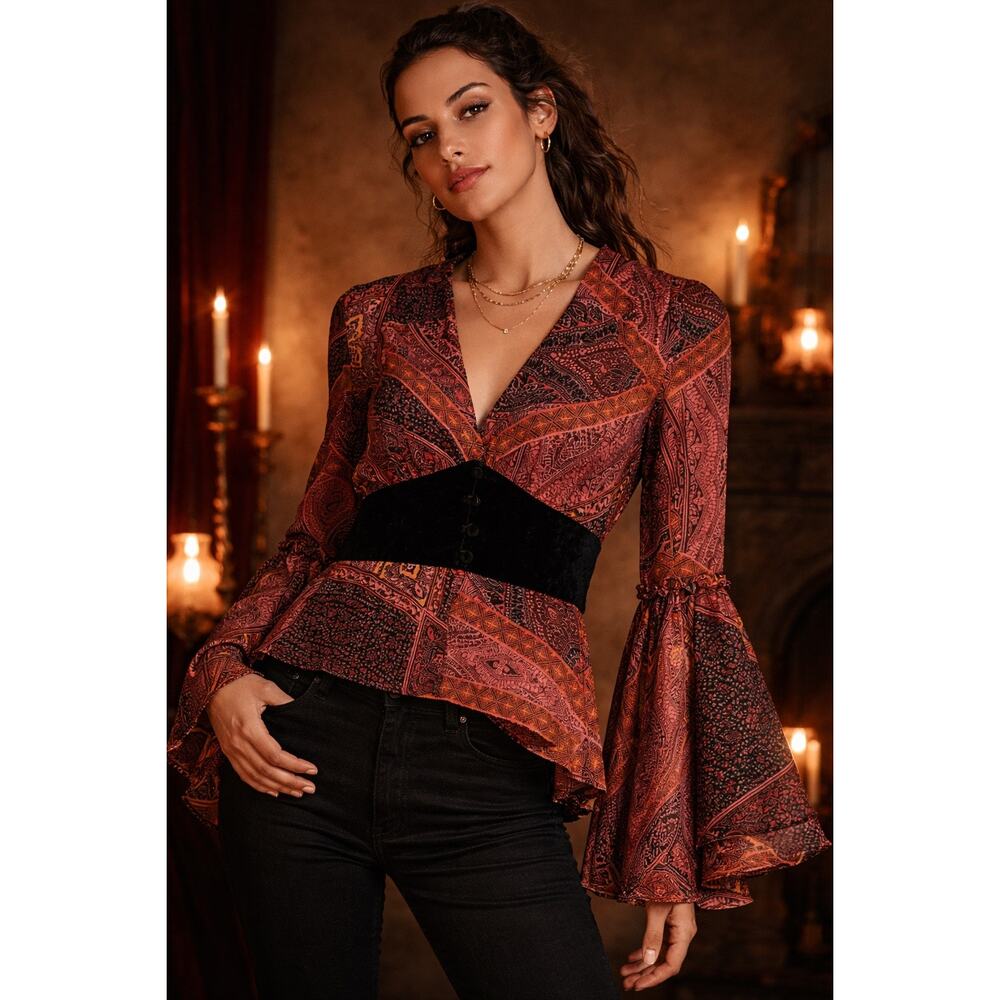 Divine Heritage Paisley Bell Sleeve Top Black Velvet Waist Boho Romantic Women’s